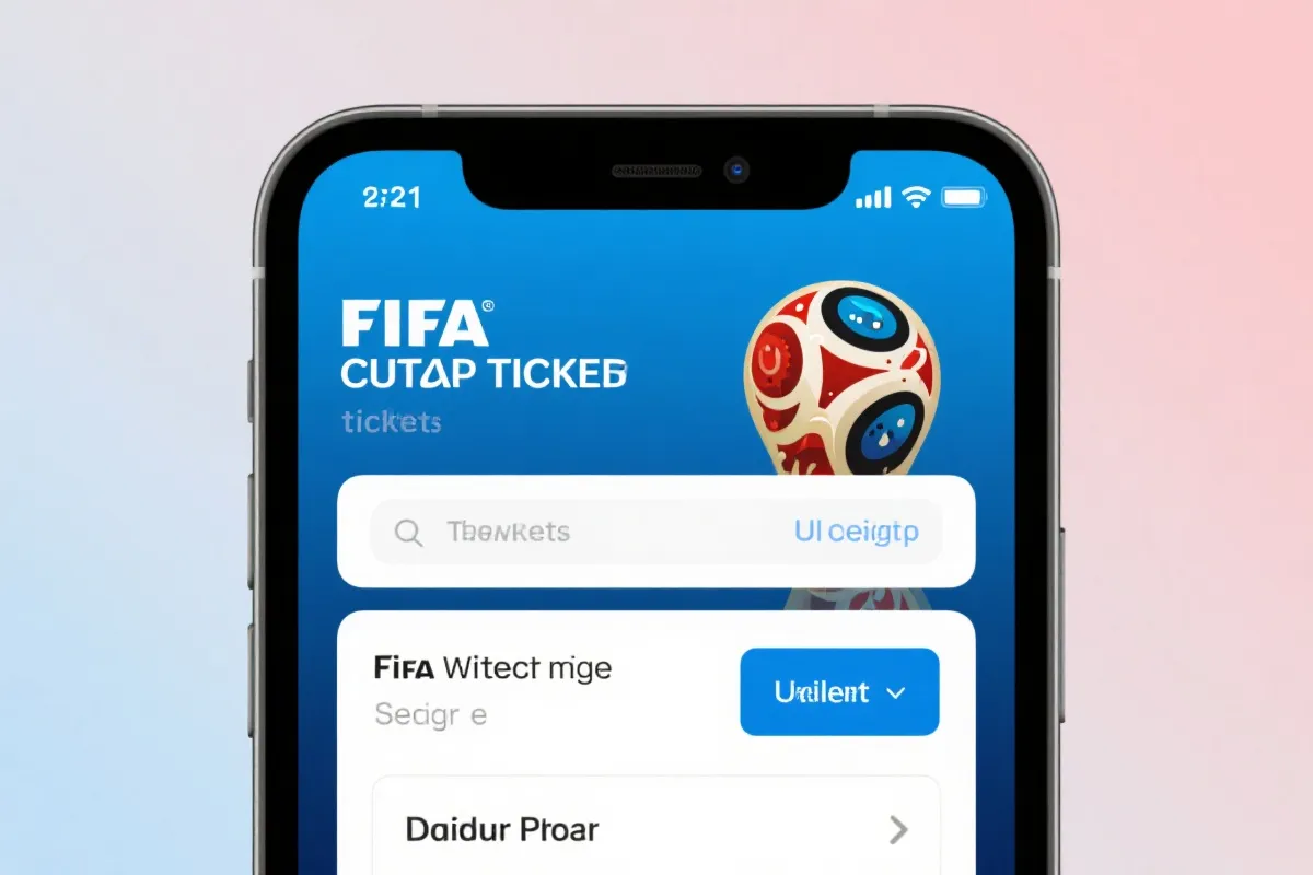 智能手机屏幕上显示的FIFA世界杯官方购票界面,现代感十足的UI设计